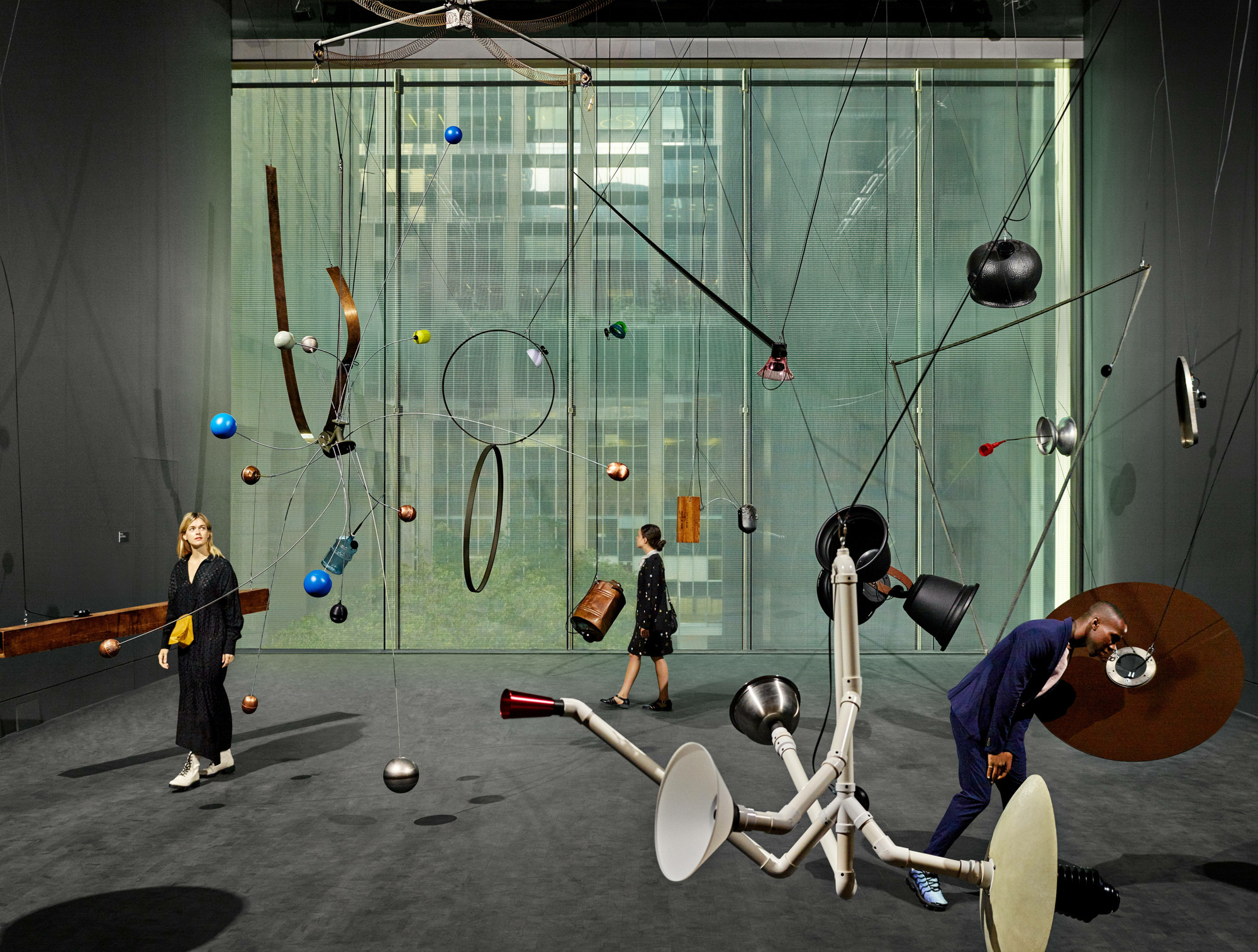 A view of the Marie-Josée and Henry Kravis Studio. Shown: David Tudor with John Driscoll, Phil Edelstein, Composers Inside Electronics Inc. Rainforest V (variation 1). 1973–2015. Twenty objects, sound, dimensions variable. Realized by Composers Inside Electronics Inc. (John Driscoll, Phil Edelstein, and Matt Rogalsky). The Museum of Modern Art, New York. Committee on Media and Performance Art Funds. ©  2022 David Tudor and Composers Inside Electronics Inc. Courtesy BROADWAY 1602 UPTOWN & HARLEM, New York. Installation view, The Museum of Modern Art, New York, October 21, 2019–January 5, 2020. Photo: Noah Kalina